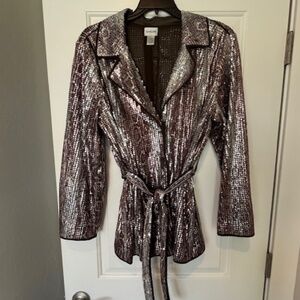 Chico's Sequin Brown Snake Print Belted Long-Line Jacket Blazer Sz L Formal